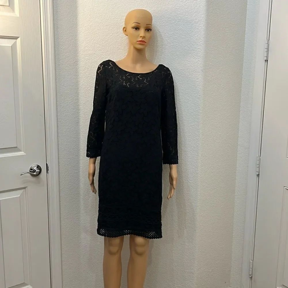 Laundry Dress Shelli Segal Sz 8 Black Lace Crotchet MidiโScoop Neck Long Sleeve